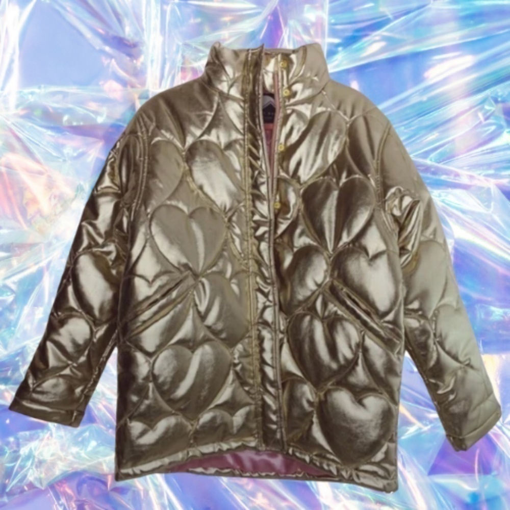 Lazy Oaf Metallic Golden Child Heart Puffer Coat